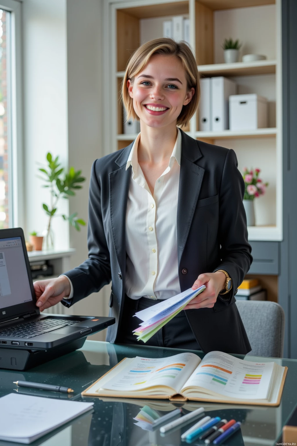 A professional woman in a suit stands in an office, holding documents and smiling.