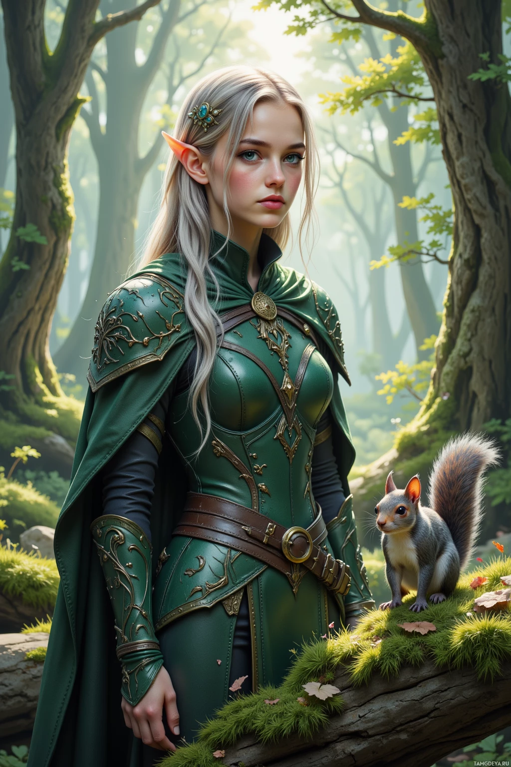A woman in a green fantasy-style outfit stands in a forest with a squirrel on a mossy log.