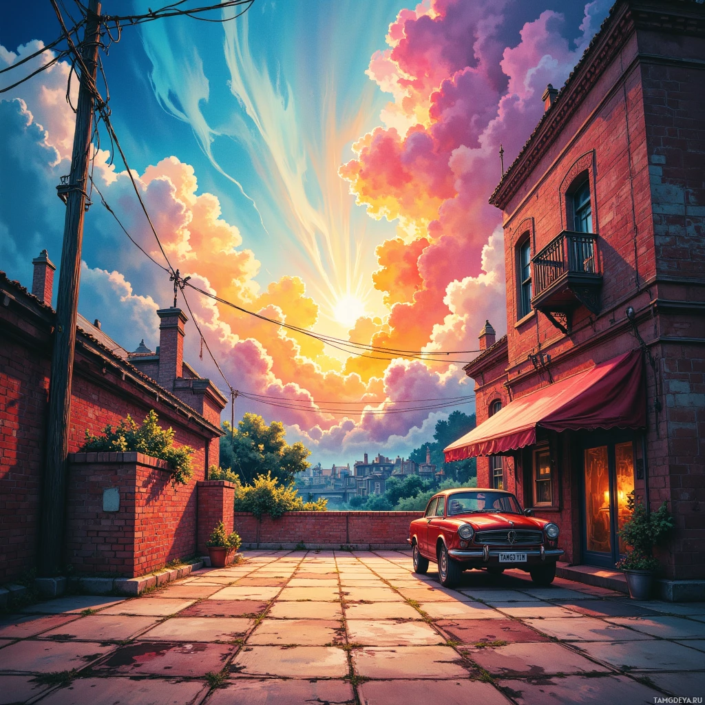 A picturesque street scene with a vibrant sunset, a red vintage car, and brick buildings.