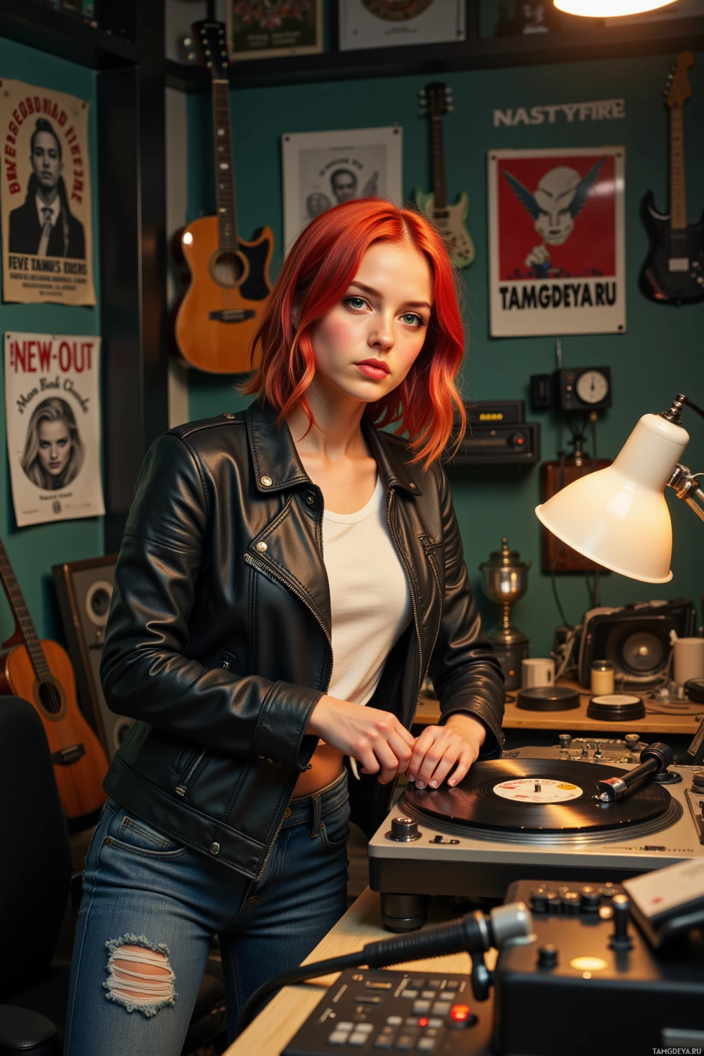 A person with red hair stands in a music studio, wearing a leather jacket and jeans, with a turntable and guitars in the background.