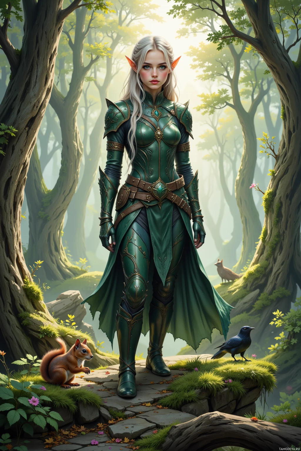 A fantasy warrior in green armor stands in a forest clearing, surrounded by wildlife.