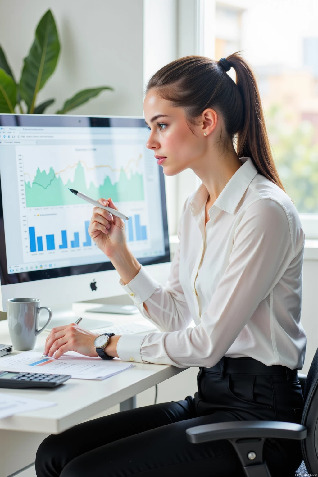 A woman in a white shirt works at a desk with a computer displaying graphs and charts.