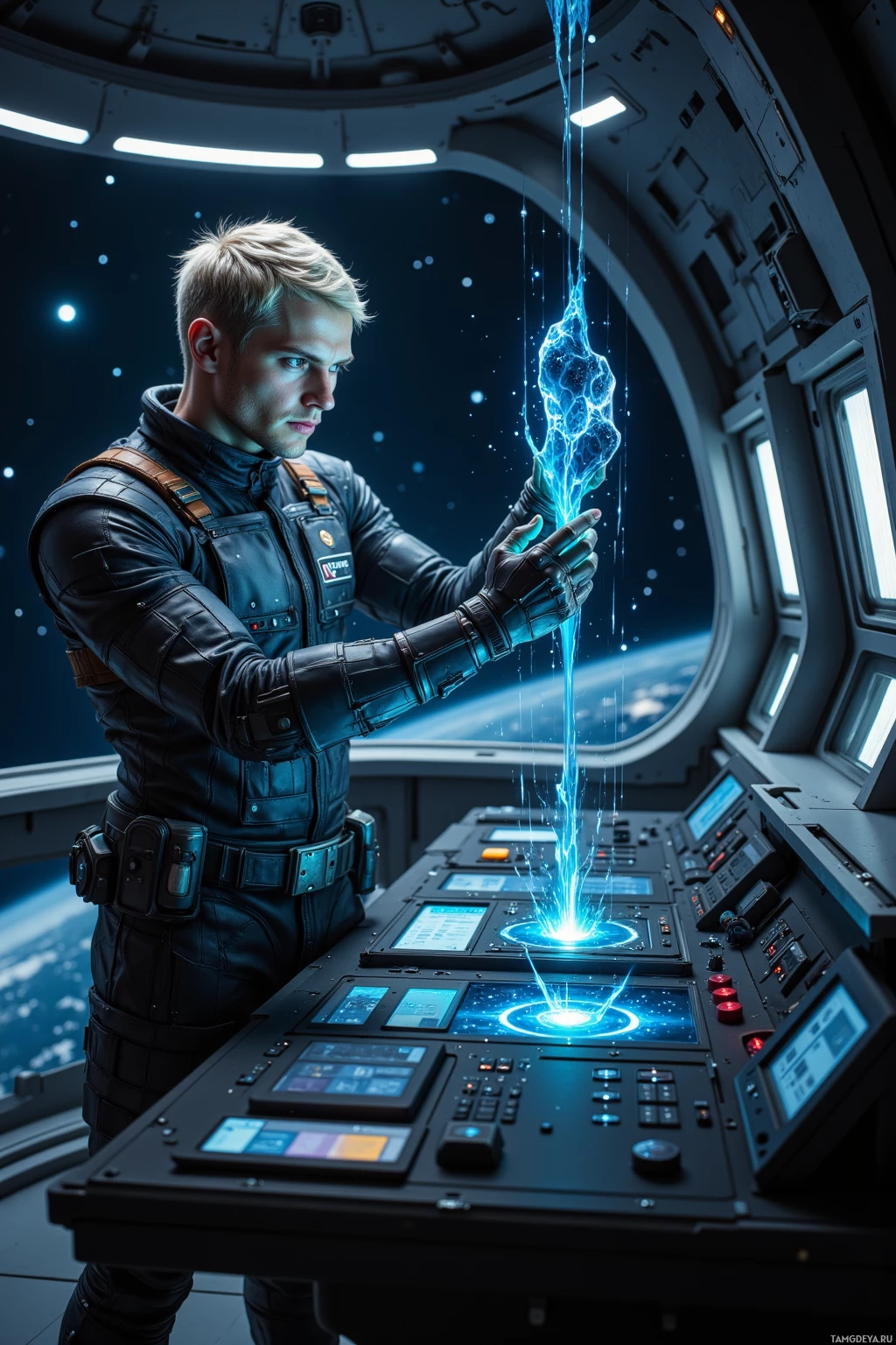 A person in a futuristic space suit operates a control panel with glowing blue energy.