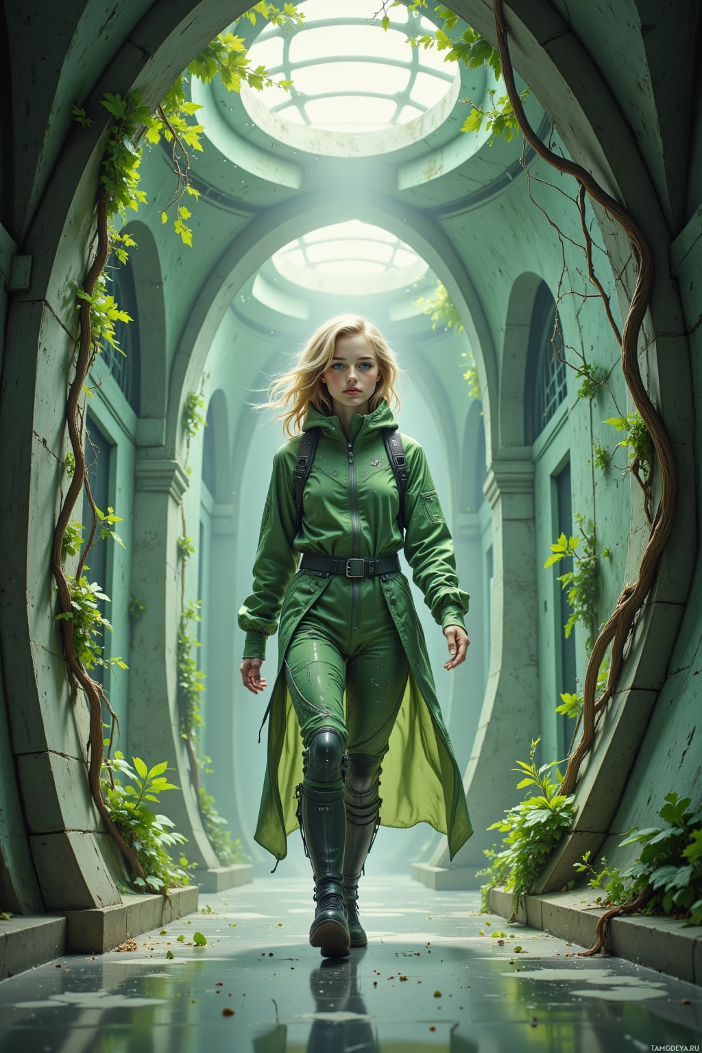 A person in a green outfit walks through a corridor with arched ceilings and greenery.