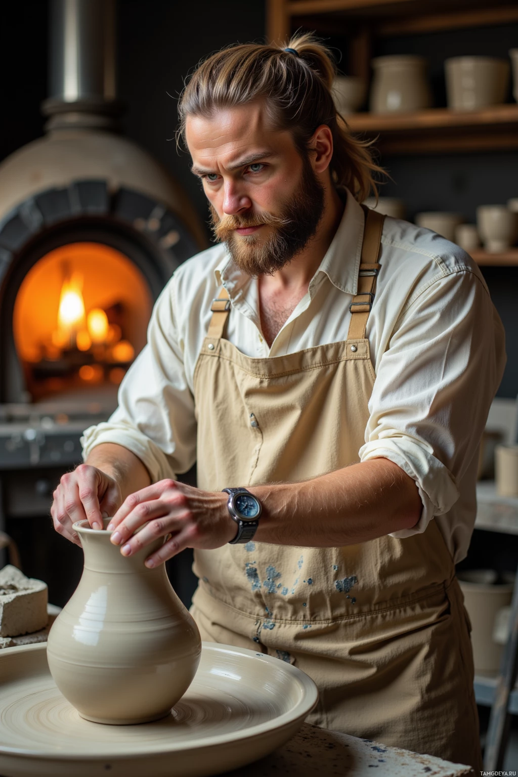 A man wearing an apron shapes a clay pot on a pottery wheel in a workshop.