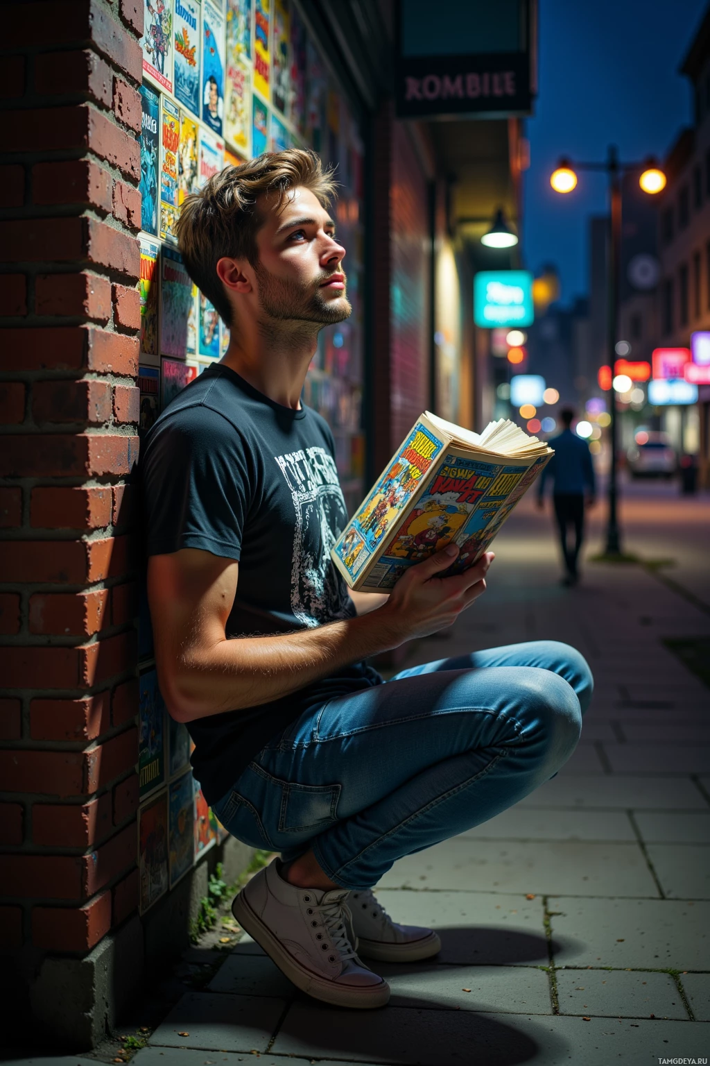 A person is reading a comic book while sitting on a sidewalk at night.