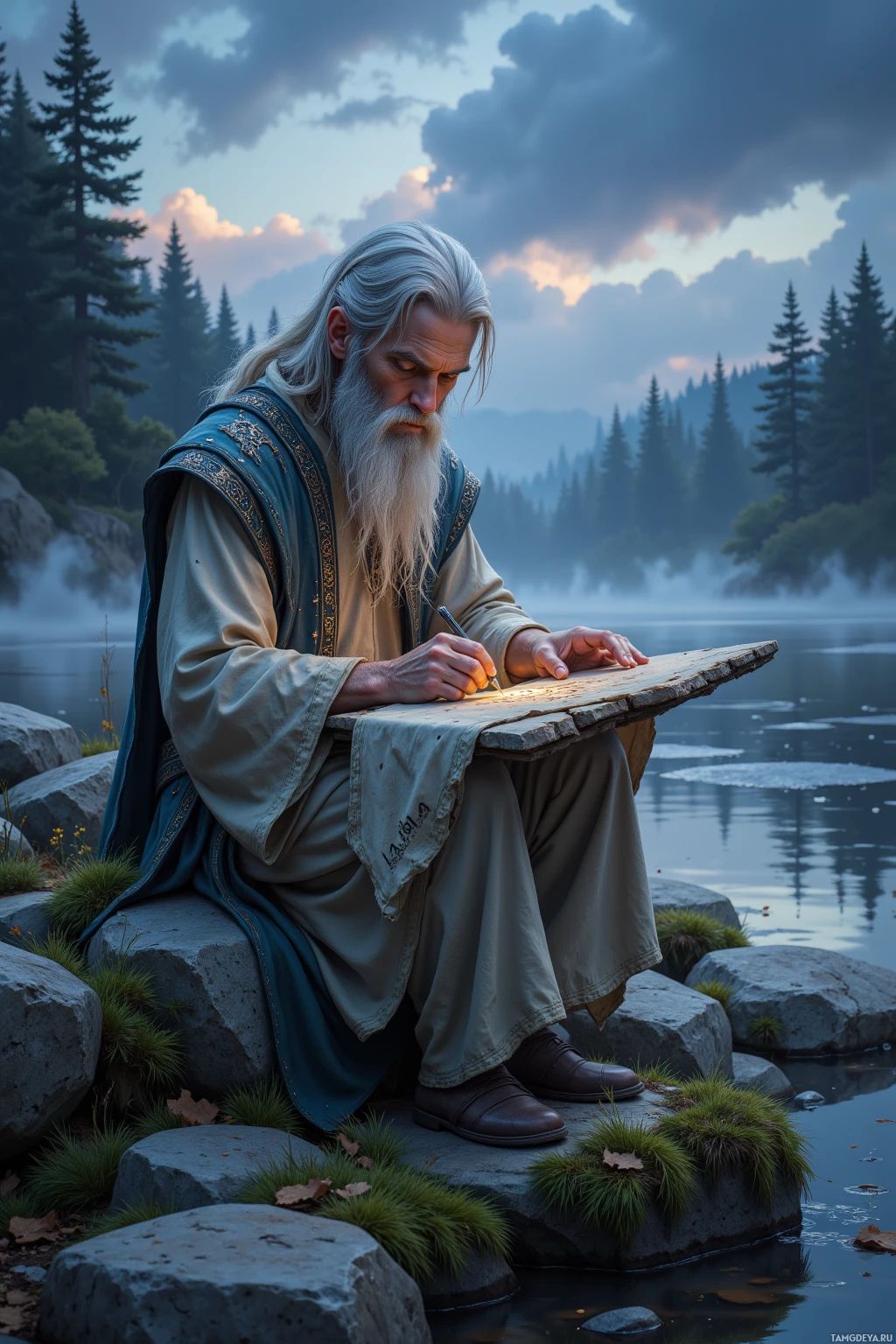 An elderly man with a long white beard sits by a serene lake, writing on a wooden tablet.