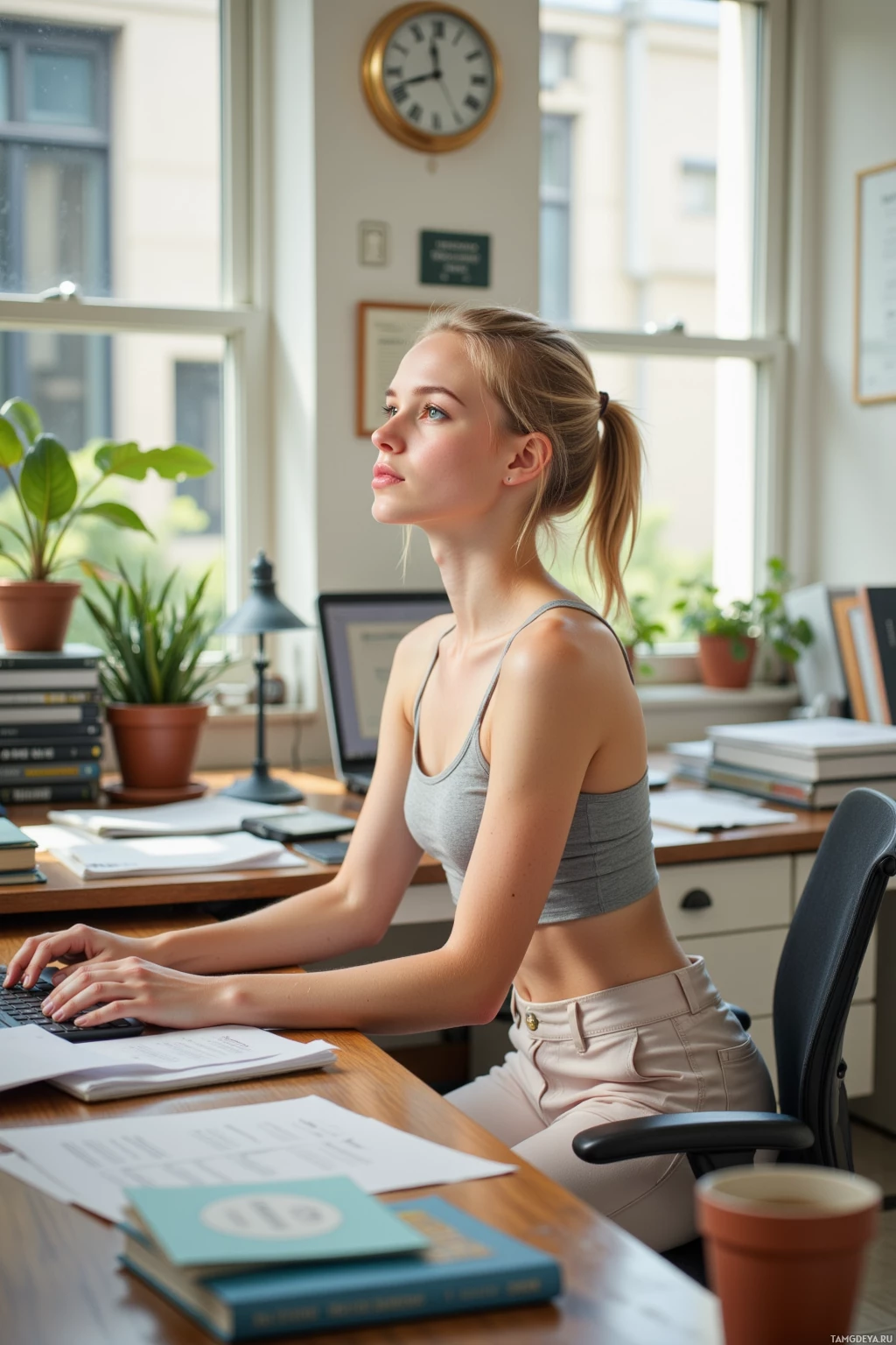 A woman is sitting at a desk in a well-lit office, working on a computer.