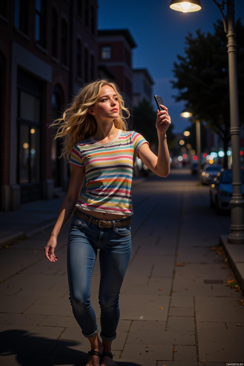 A woman walks down a city street at dusk, holding a phone.