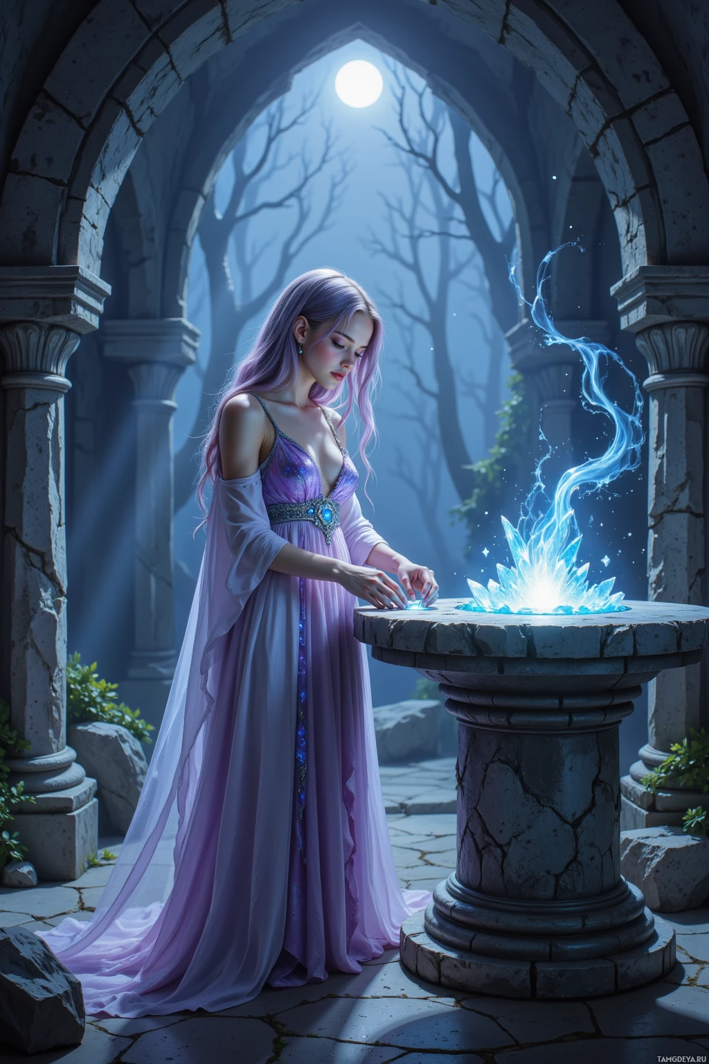 A woman in a flowing purple dress stands beside a glowing crystal, surrounded by an arched stone structure and a misty forest.