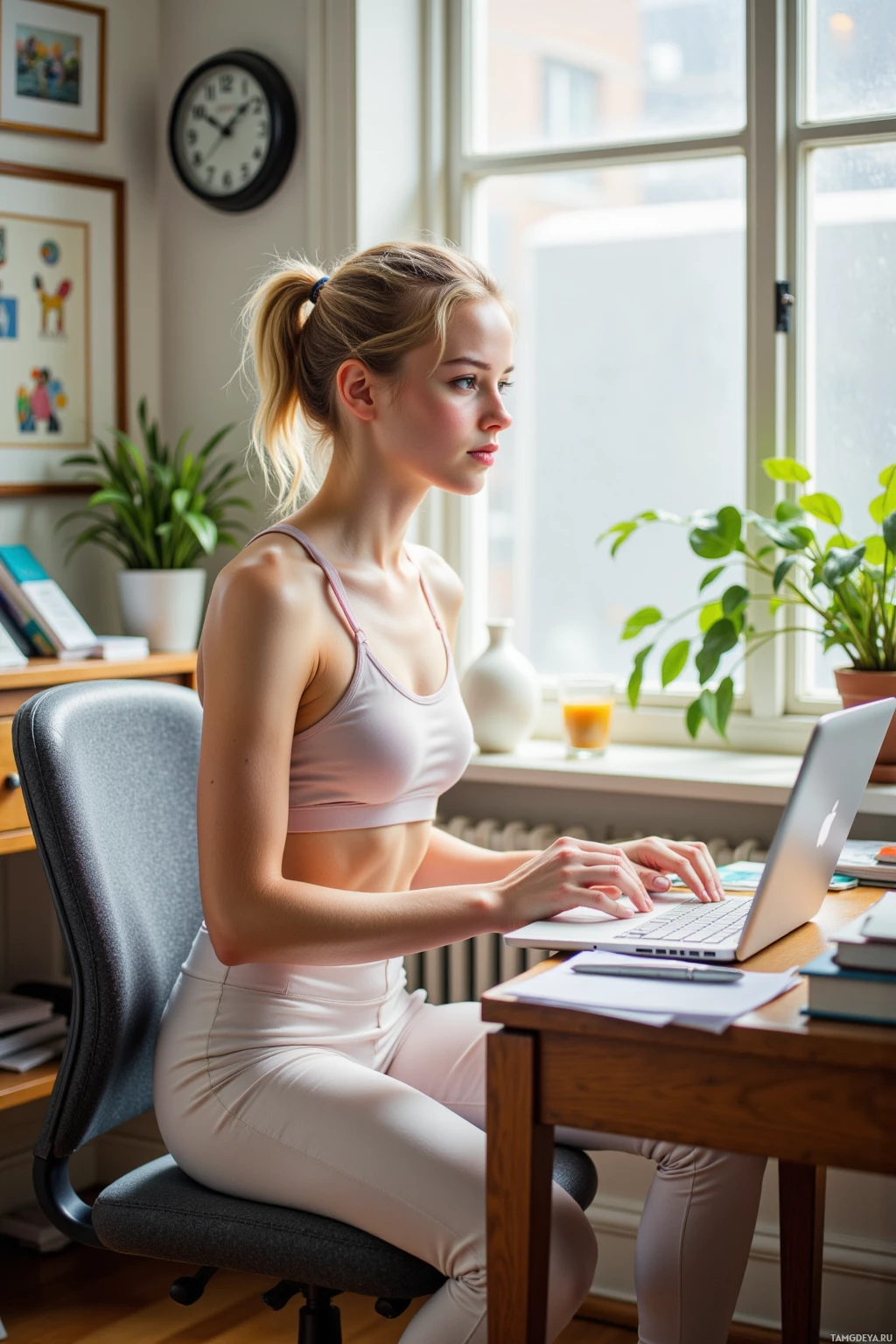 A woman is sitting at a desk, working on a laptop in a well-lit room with a window and plants.
