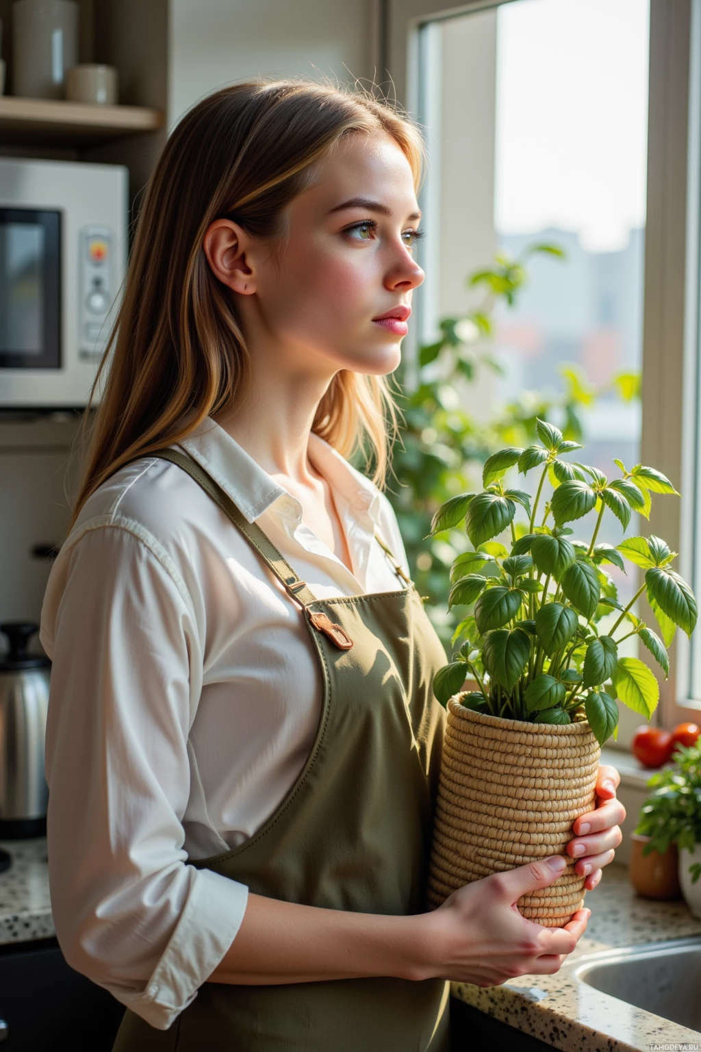 A woman in an apron holds a potted plant in a kitchen.