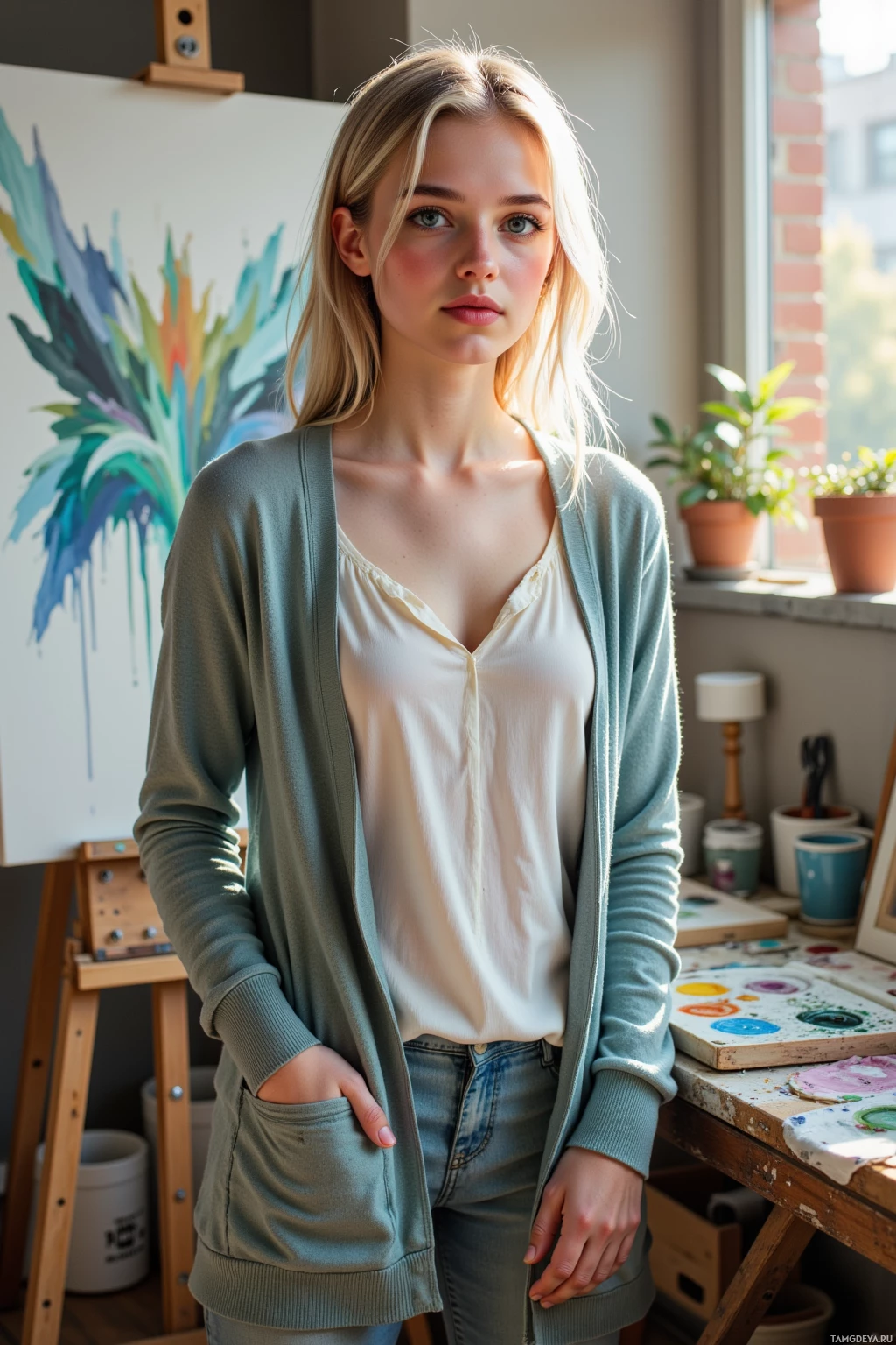 A person stands in an art studio, wearing a light green cardigan and jeans, with a colorful abstract painting in the background.