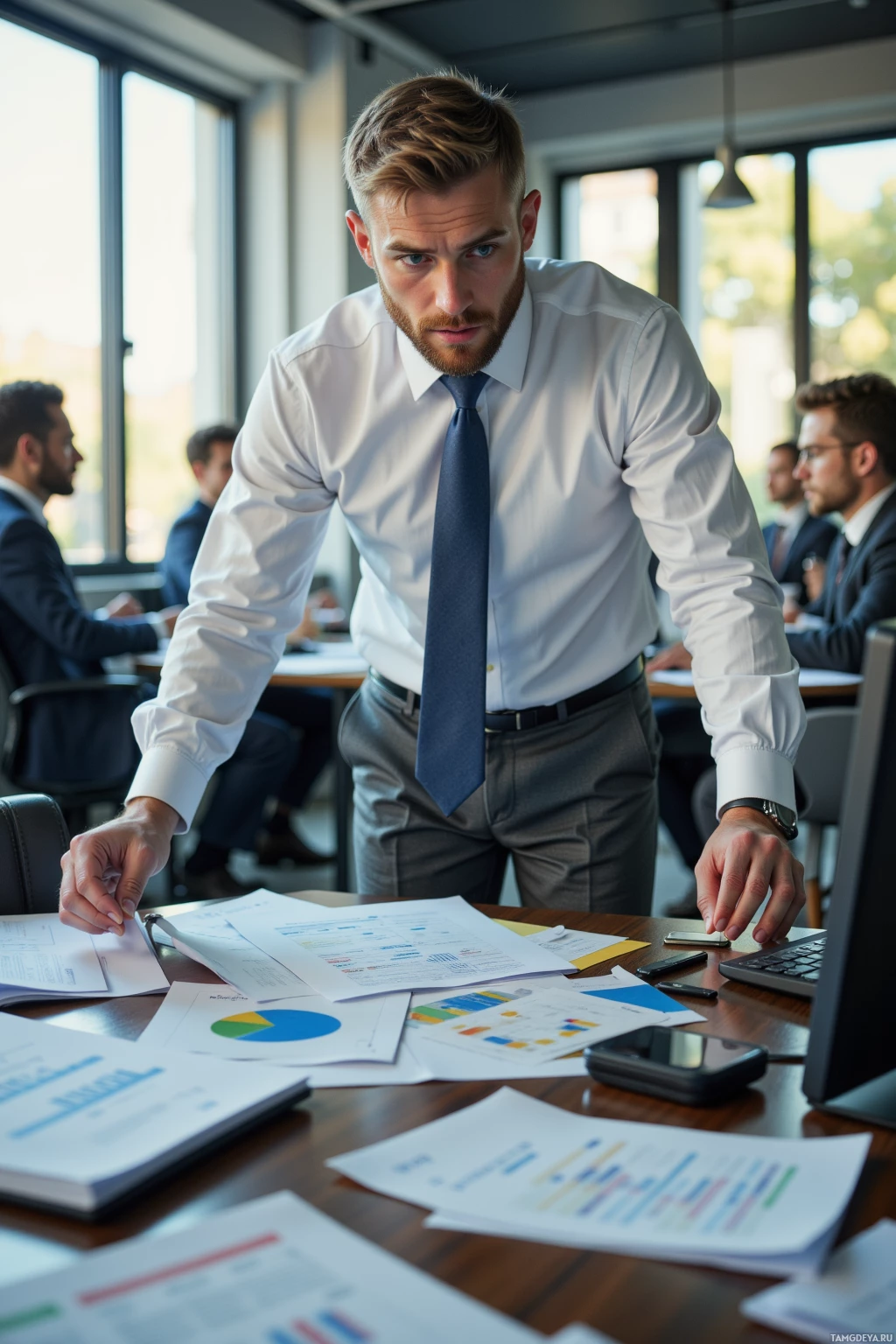 A man in a white shirt and tie leans over a desk filled with papers and a laptop, appearing focused in a professional setting.