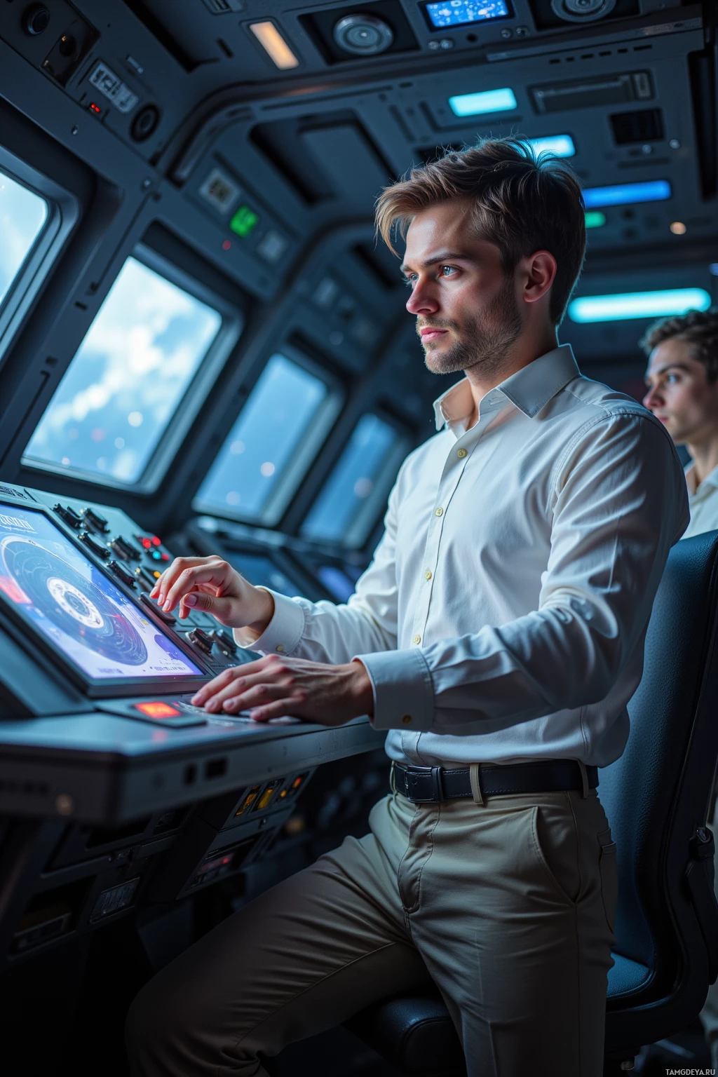 A man in a white shirt operates a futuristic control panel in a high-tech cockpit.