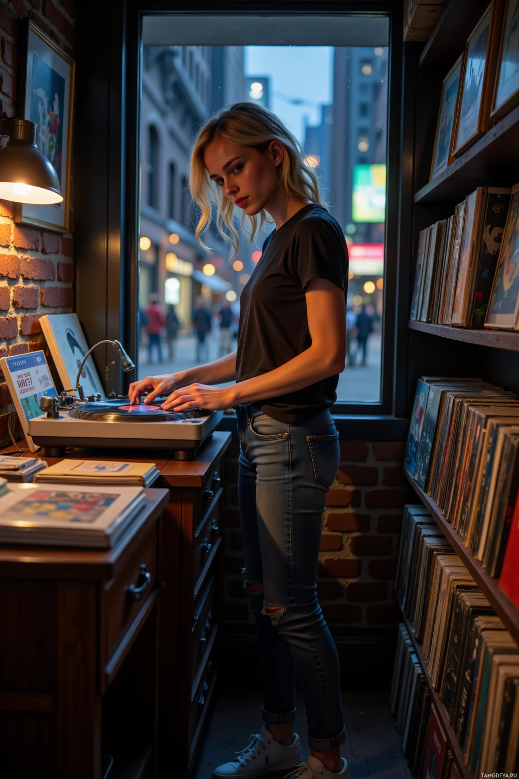 A person stands indoors near a record player, with a cityscape visible through the window.