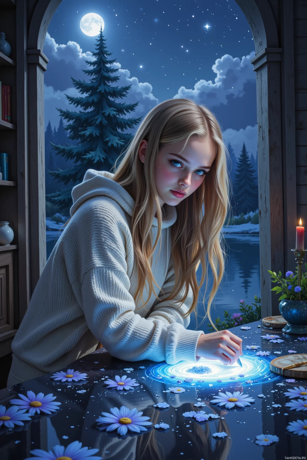 A girl in a cozy setting with a glowing magical circle on a table.