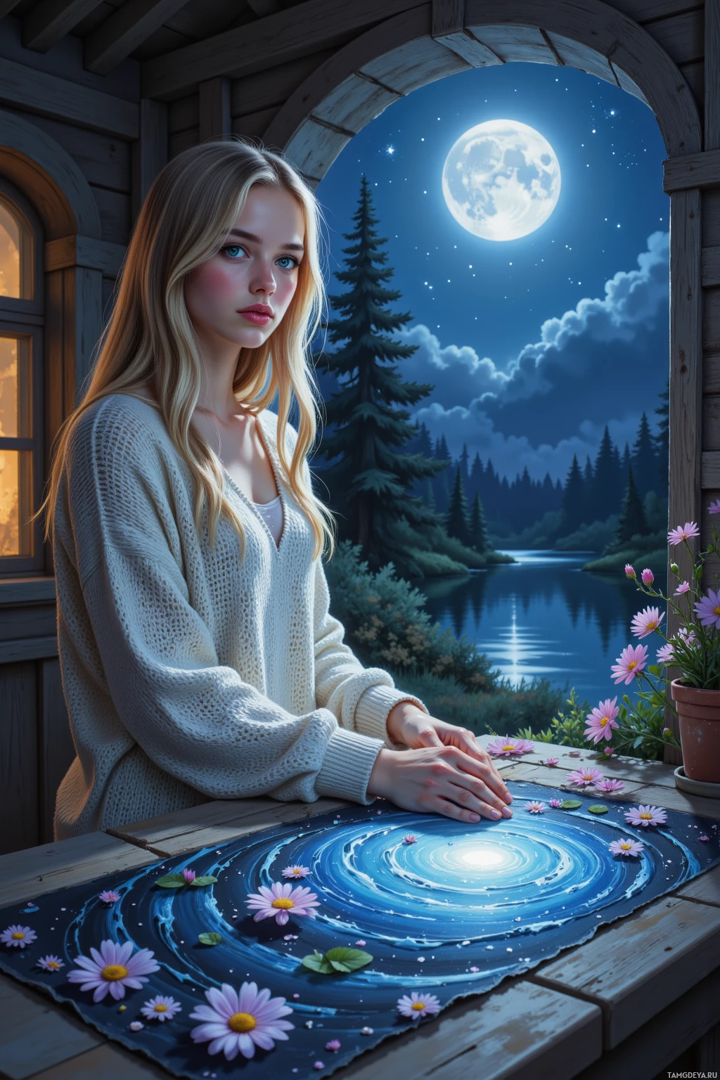 A woman sits by a window at night, gazing at a serene landscape with a full moon and a river.
