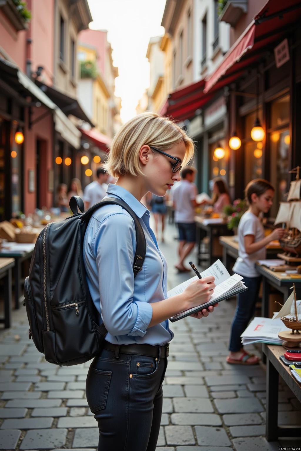 A woman with a backpack and notebook walks down a cobblestone street in an urban setting.