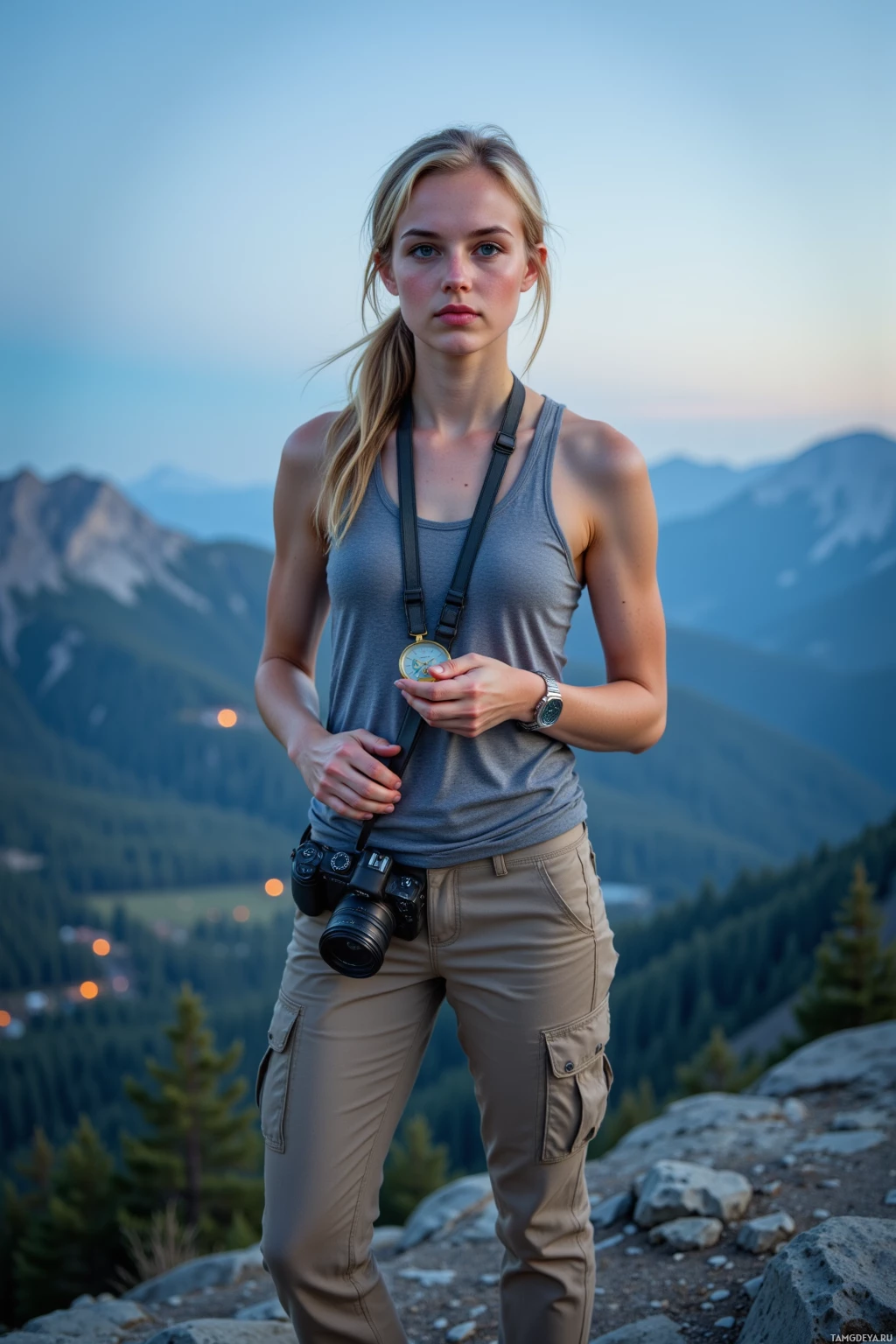 A woman stands on a mountain top, holding a camera, with a scenic view of distant peaks and a clear sky behind her.
