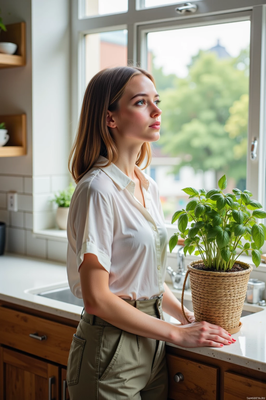 A woman stands in a kitchen, holding a potted plant, looking out the window.