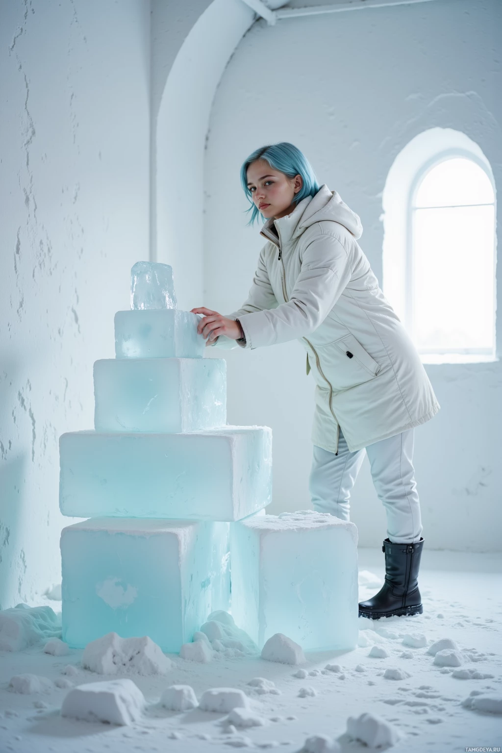 A person in a white coat stands beside a stack of ice blocks in a snowy environment.