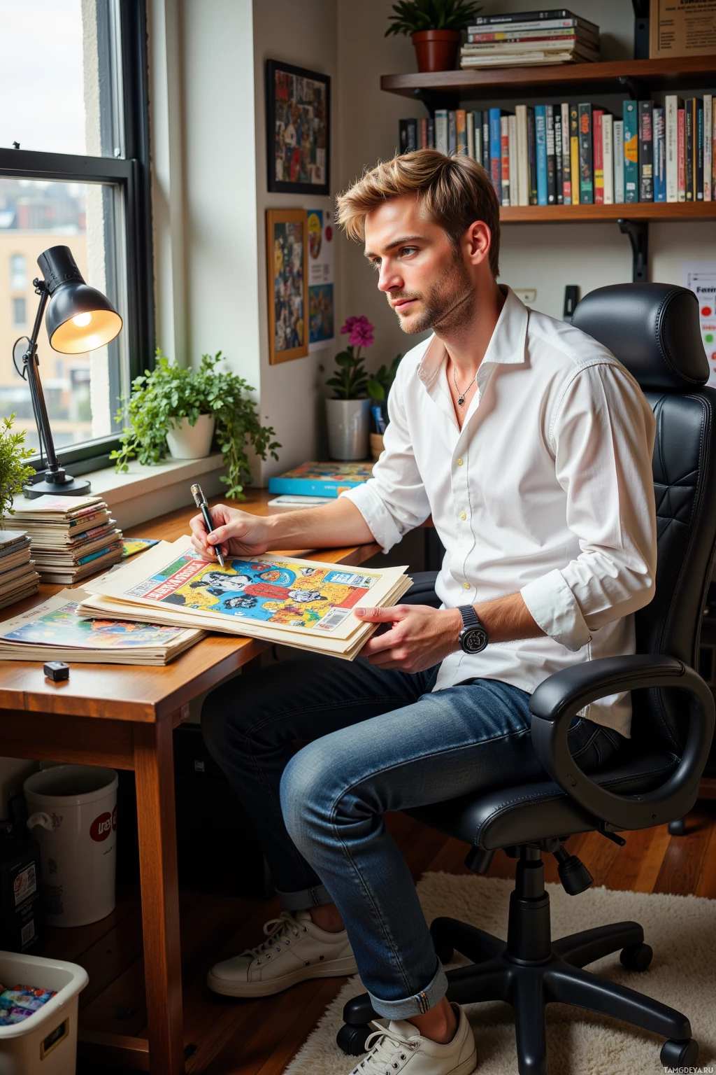 A man sits at a desk, writing in a notebook with a pen.