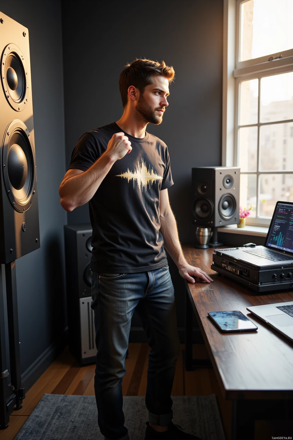 A man stands in a room with audio equipment, wearing a t-shirt with a sound wave design.