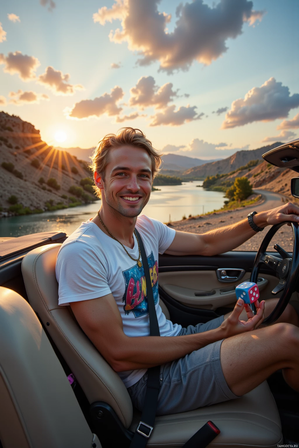 A man in a convertible car smiles at the camera with a scenic sunset and river in the background.