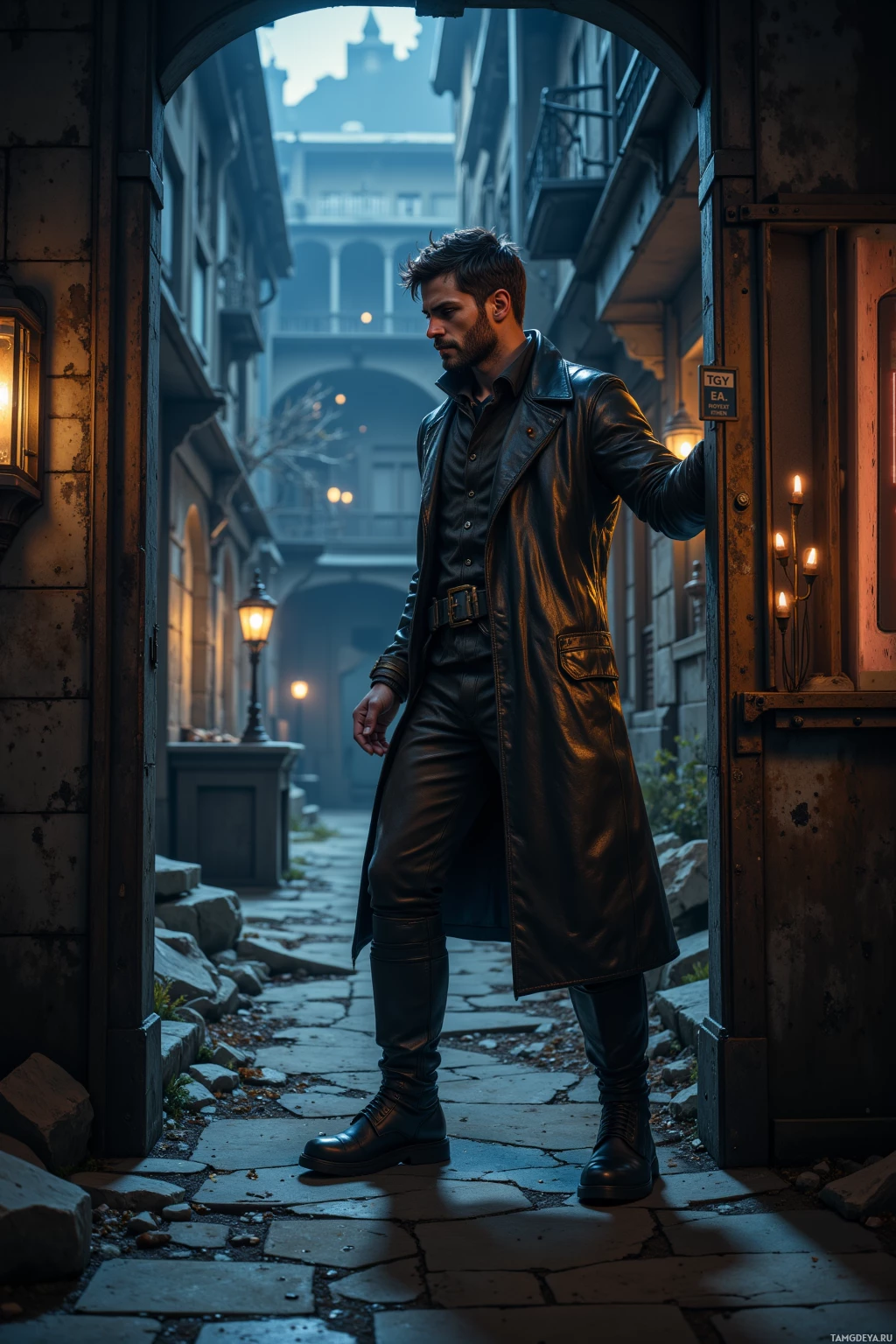 A man in a leather coat stands in a dimly lit alleyway.