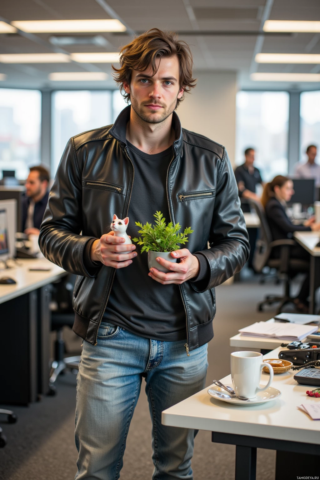 A man in a leather jacket holds a small potted plant and a figurine in an office setting.