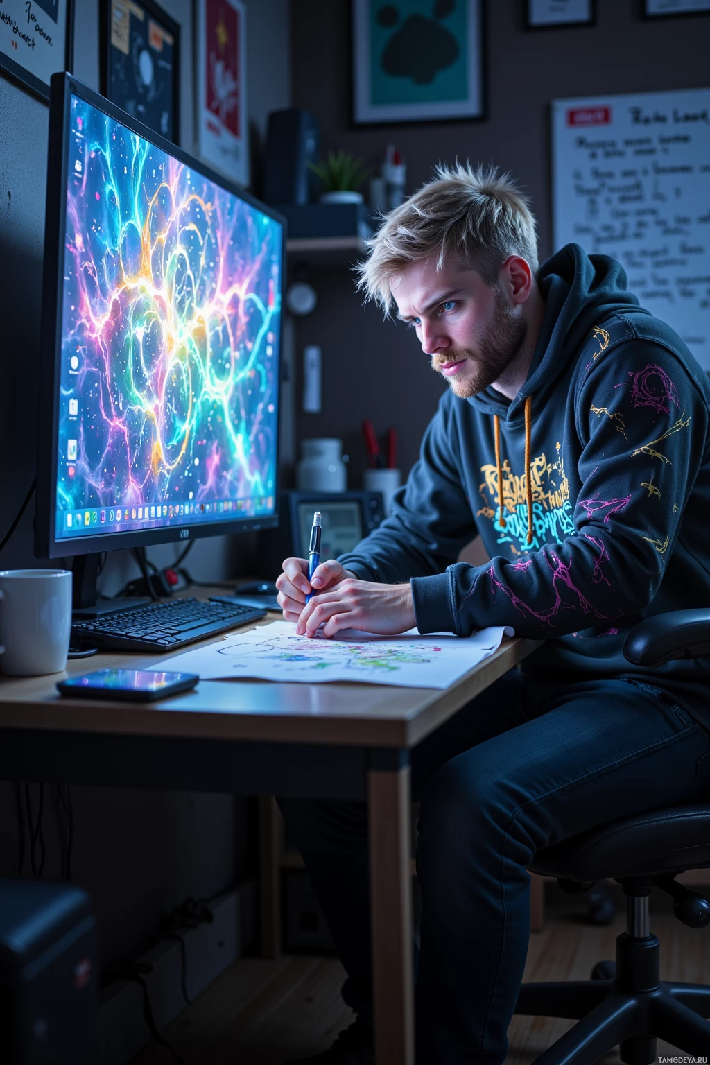 A person is sitting at a desk, drawing on paper with a pen, in front of a computer monitor displaying a colorful abstract image.
