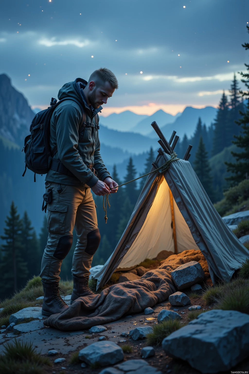 A man sets up a tent in a mountainous area at dusk.