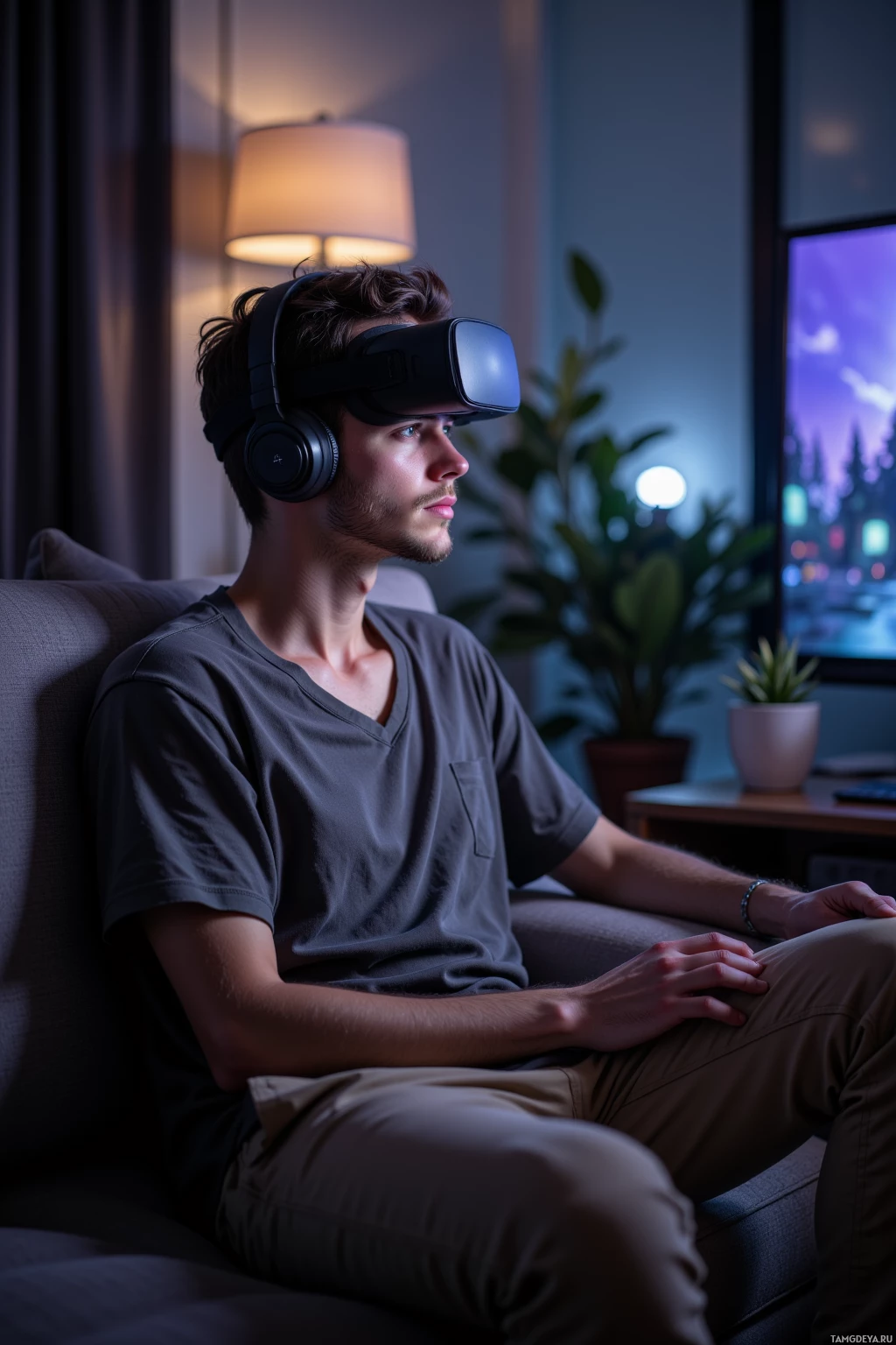 A person wearing a VR headset sits on a couch in a dimly lit room.