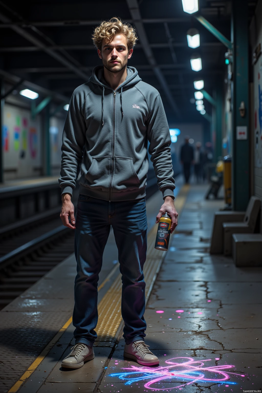 A person stands on a train platform holding a can, with graffiti-like markings on the ground.
