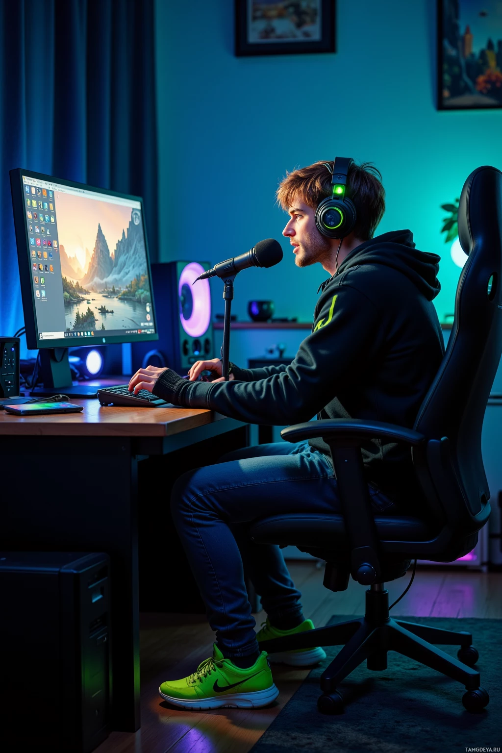 A person is sitting at a desk in a dimly lit room, wearing headphones and using a computer.