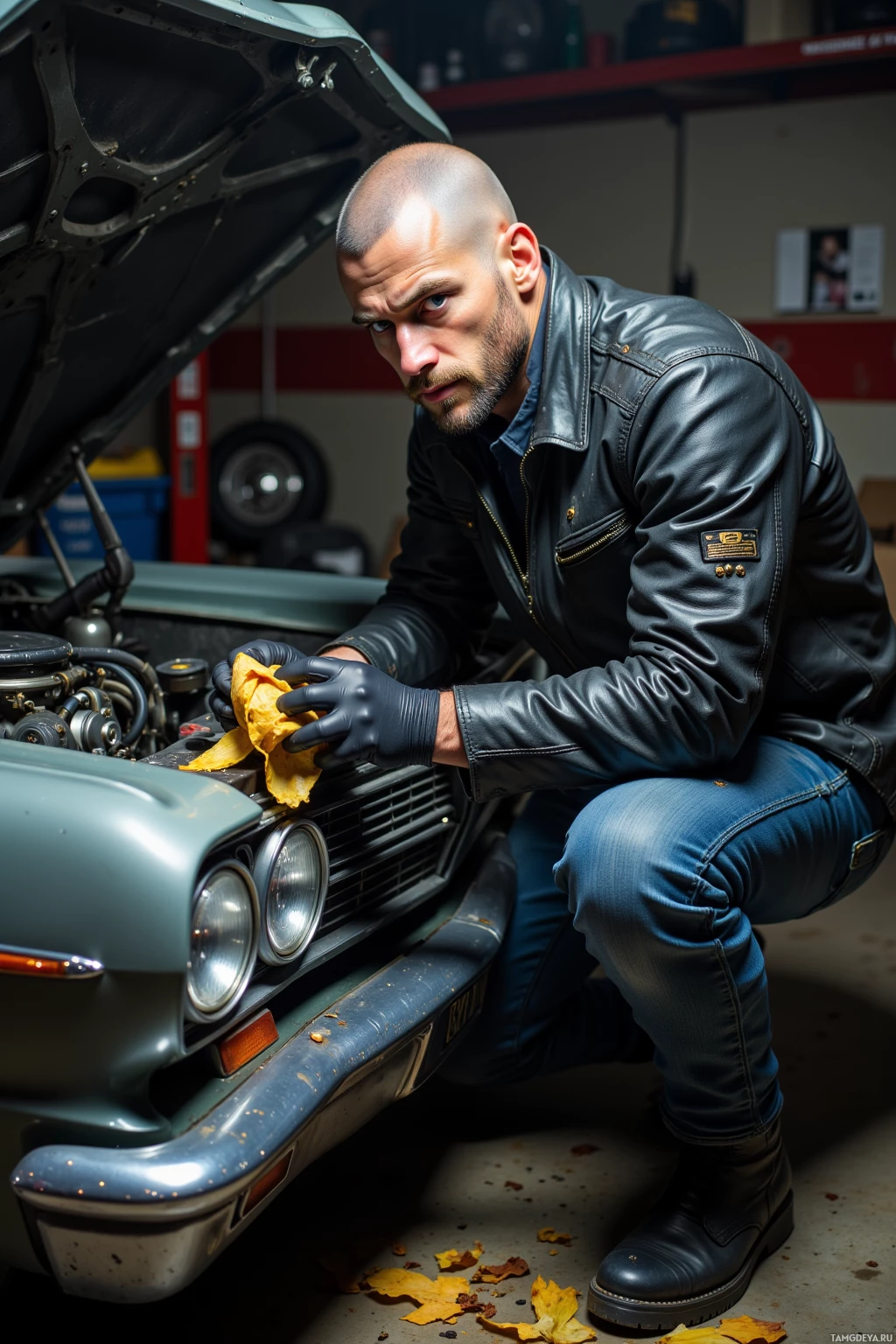 A man in a leather jacket and gloves works on a car in a garage.