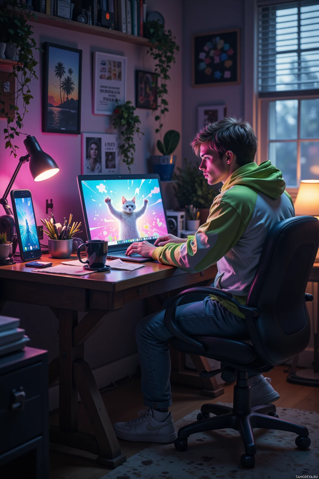 A person sits at a desk in a cozy room, working on a laptop with a cat-themed wallpaper.