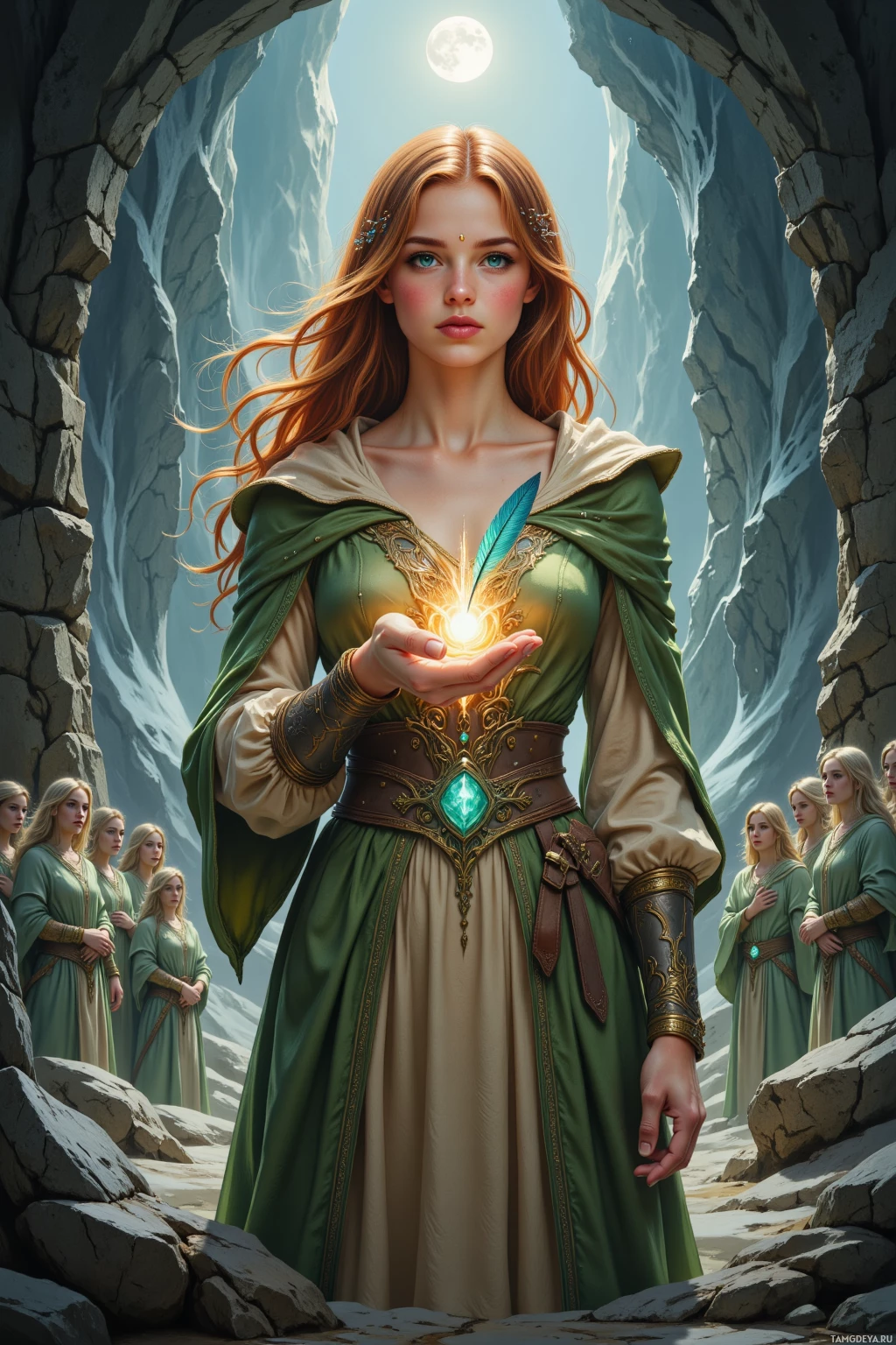 A woman in a green and gold dress holds a glowing orb, surrounded by others in similar attire, in a rocky, ethereal setting.