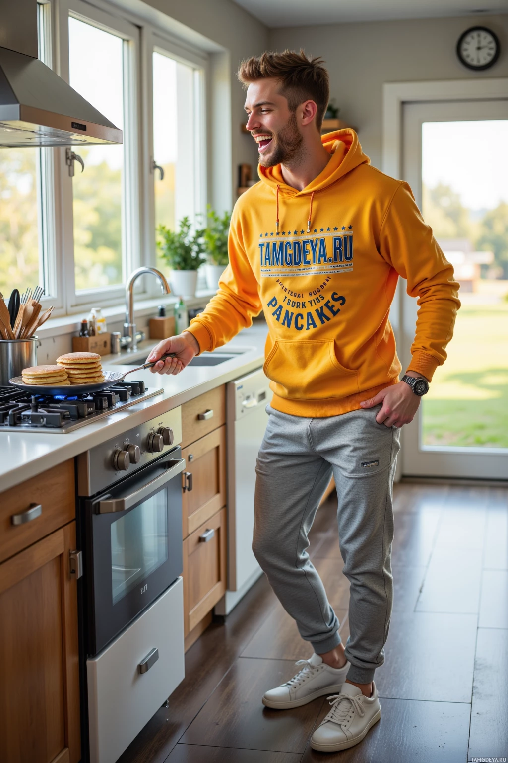 A man in a yellow hoodie stands in a kitchen, holding a plate of pancakes.