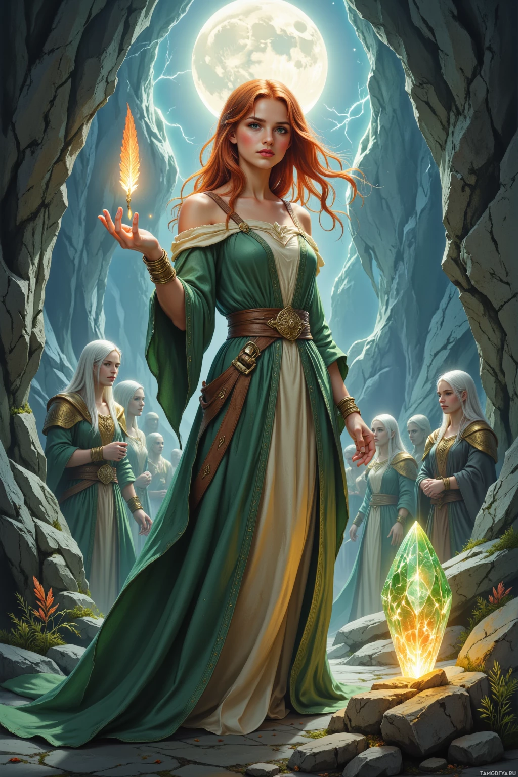 A woman in a flowing green and gold dress holds a glowing staff, surrounded by other women in similar attire, standing in a rocky, moonlit landscape.