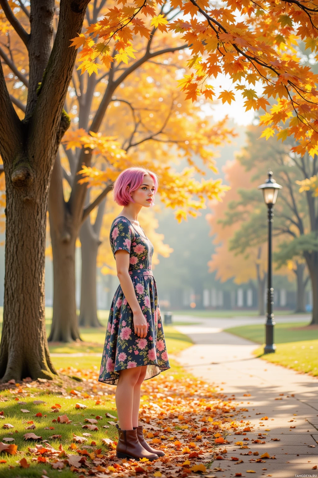 A woman with pink hair stands in a park with autumn leaves and trees.