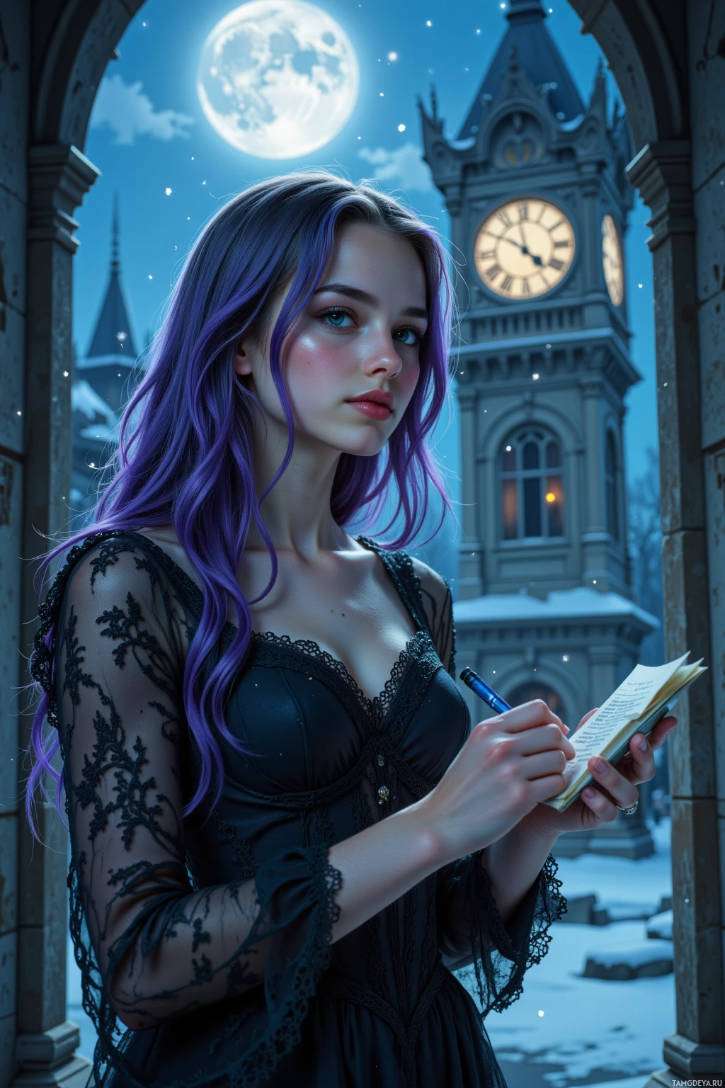 A woman with purple hair writes in a notebook under a moonlit sky.