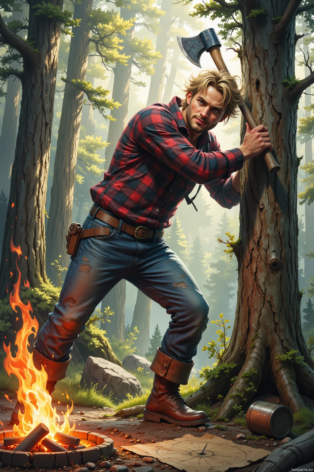 A man in a plaid shirt leans against a tree in a forest, with a campfire and a compass nearby.