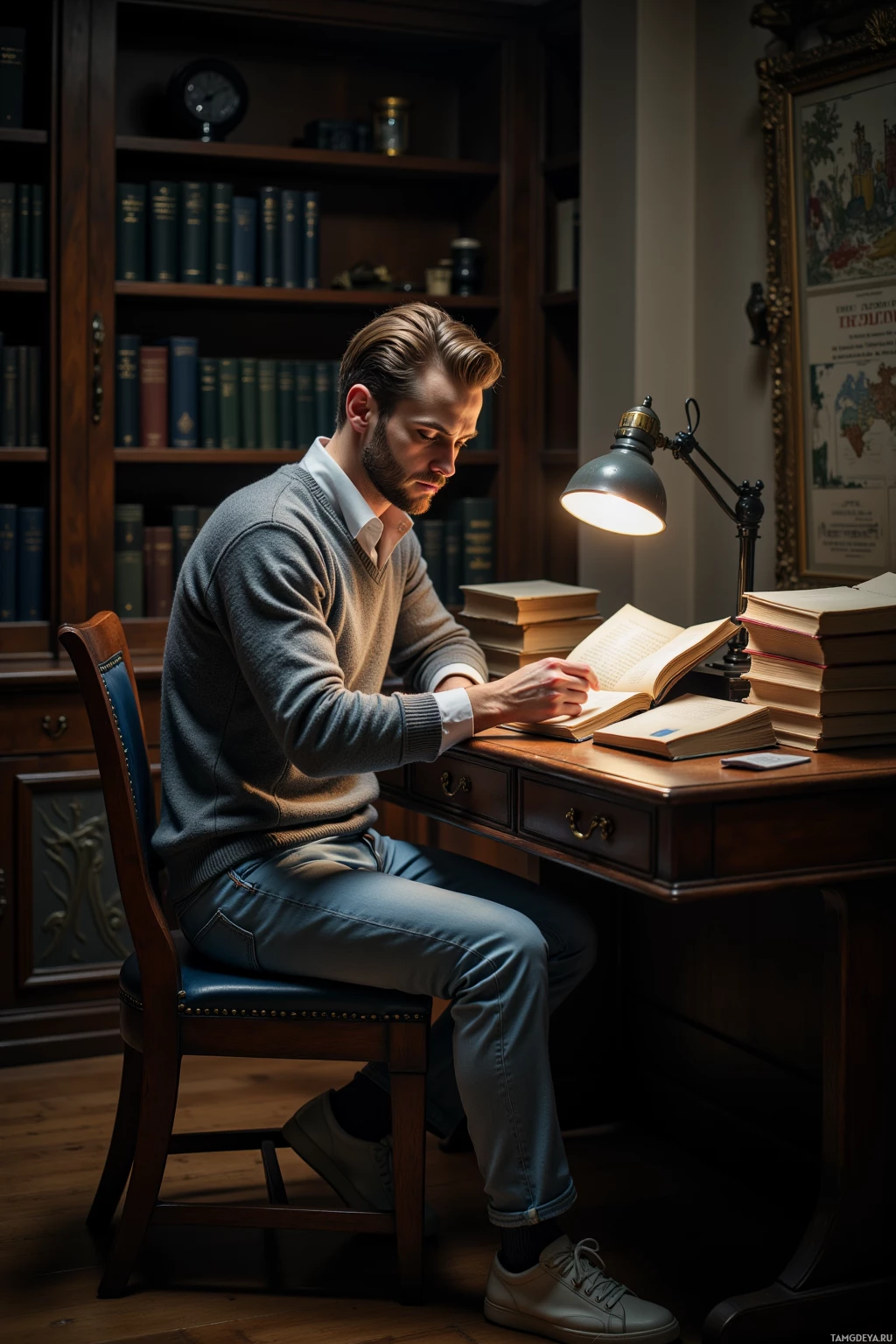 A man is reading a book at a desk in a dimly lit room with bookshelves and a lamp.