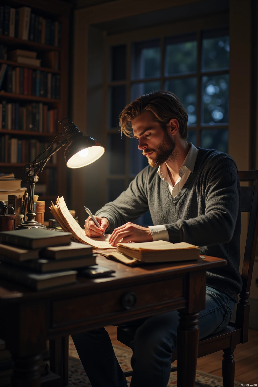 A man is sitting at a desk in a dimly lit room, writing in a notebook under the light of a desk lamp.