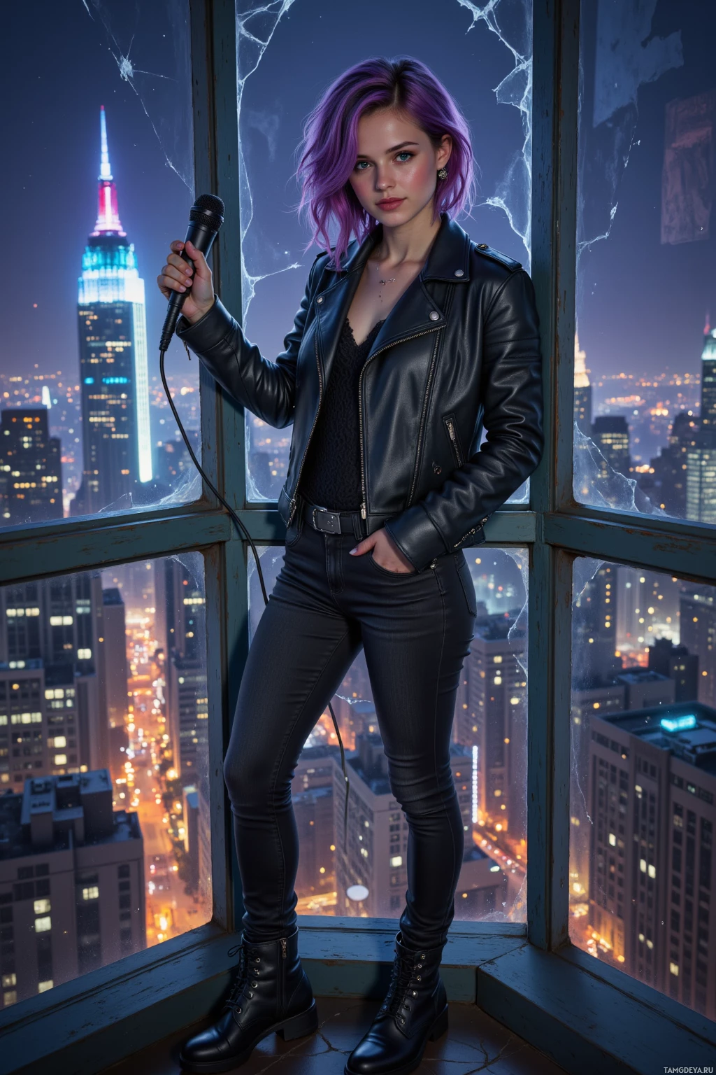 A person in a leather outfit stands by a window overlooking a cityscape at night.