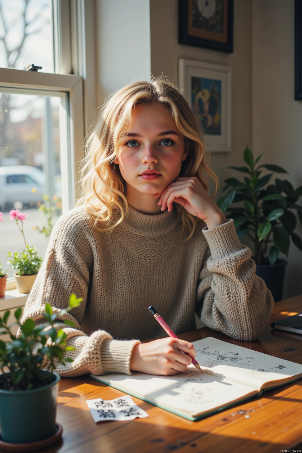A person wearing a beige sweater sits at a desk, writing in a notebook with a pink pen.