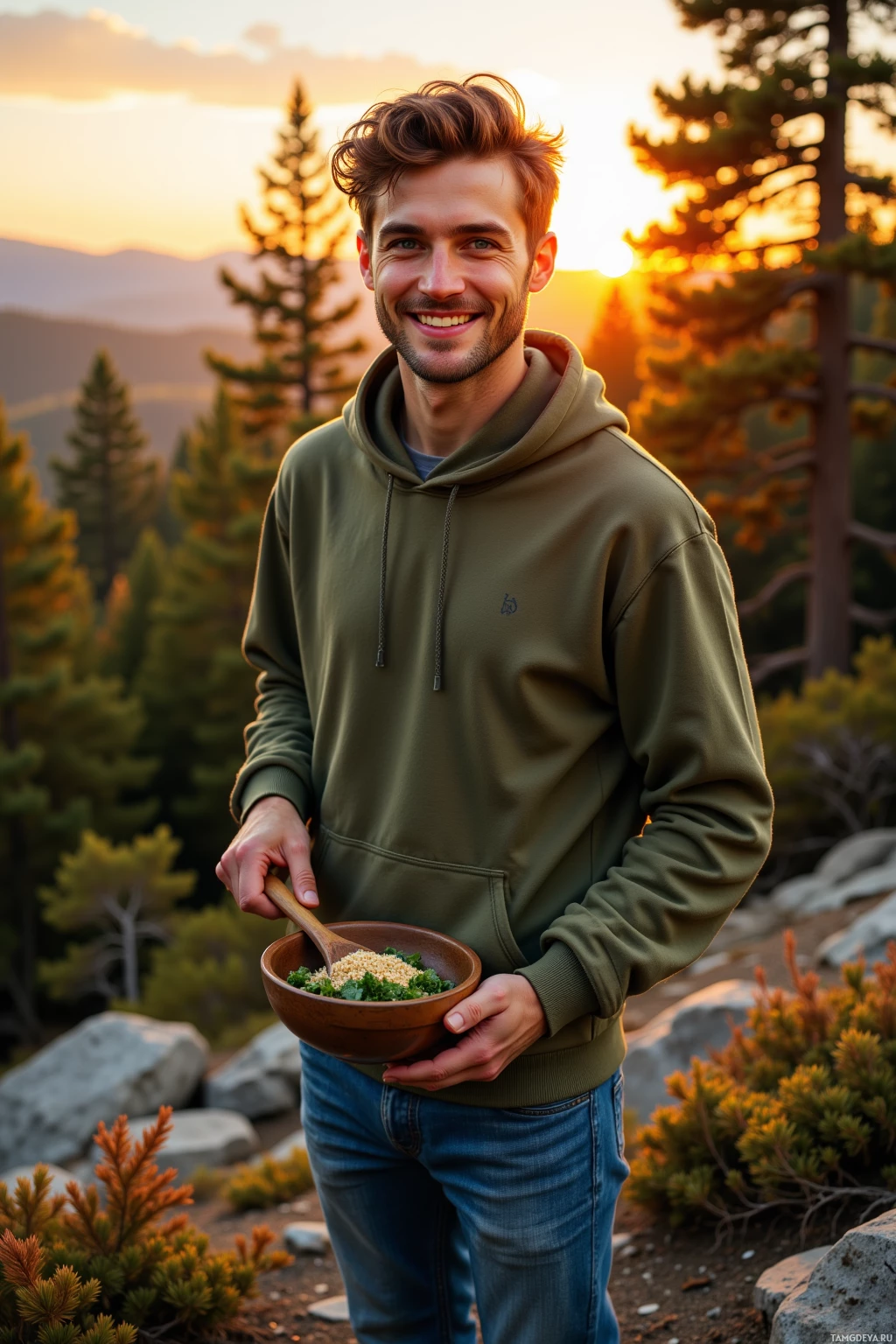 A person in a hoodie holds a bowl of food outdoors at sunset.