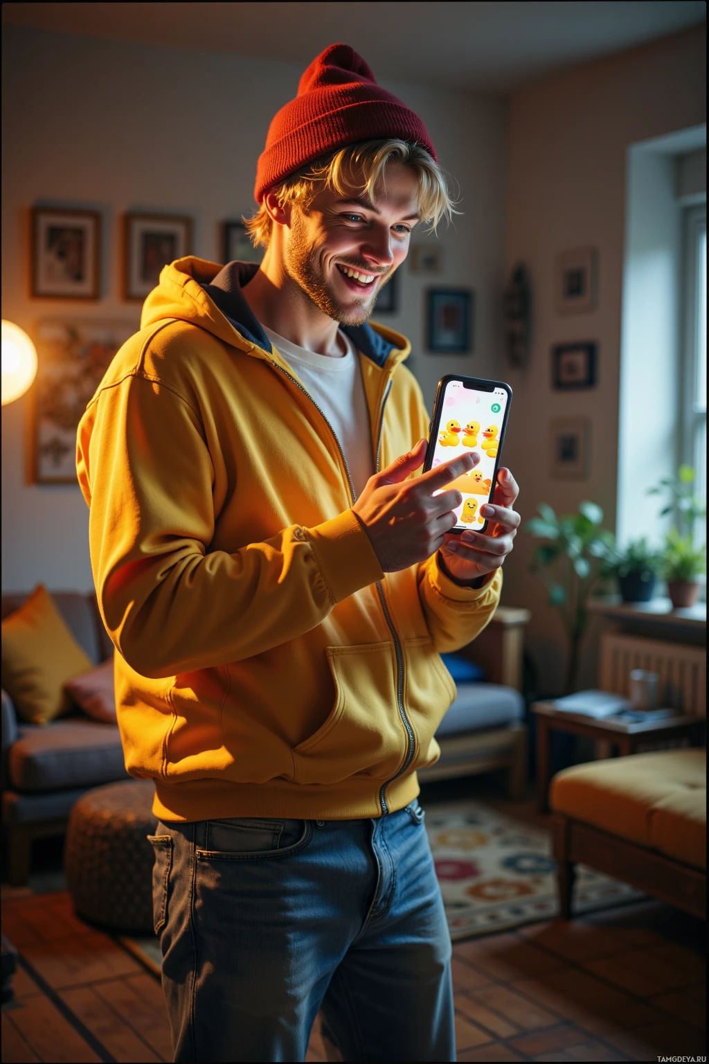 A person in a yellow hoodie and red beanie is smiling while holding a phone displaying a duck-themed app.